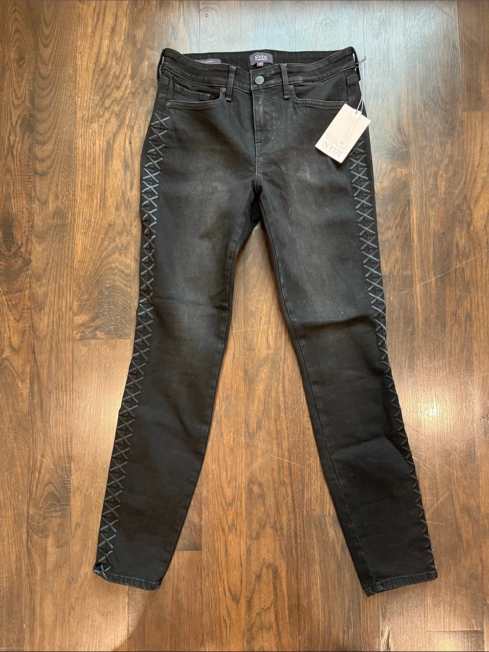NYDJ Black Skinny Jeans with Side Lace-Up Trim